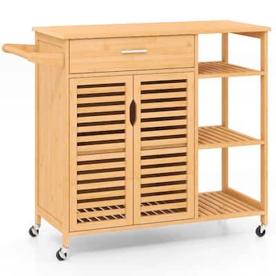 Wicker Kitchen Island Cart with Drawer, Cabinet & Shelves Natural Finish Utility Trolley with Wheels - 41" x 16" x 35"