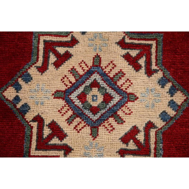 Geometric Red Kazak Oriental Accent Rug Handmade Wool Carpet - 3'3"x 4'6"