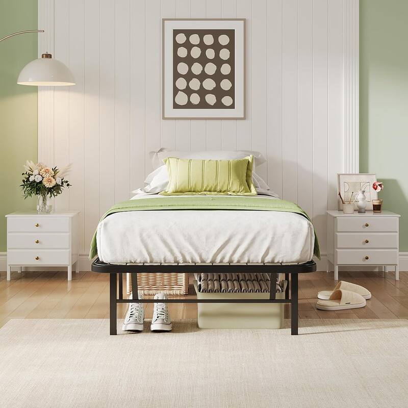 Black Steel Twin, Full and Queen Foldable Bed Frame, 14'' High, No Box Spring Needed