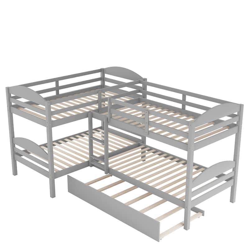 Twin L-Shaped Bunk Bed with Trundle Solid Pine Wood Convertible Beds