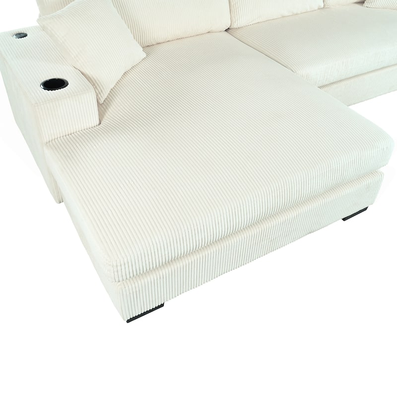 111.5" Corduroy Sectional Sofa with Thick Cushions, Cup Holders & Charging Ports