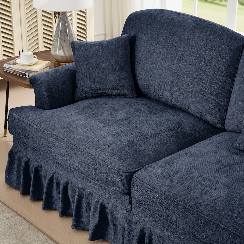 76.4" L Shaped 2-Seat Sectional Sofa, Chenille Couch with Ottoman, Flared Arms Loveseat with Removable Ruffles Pleats Skirts