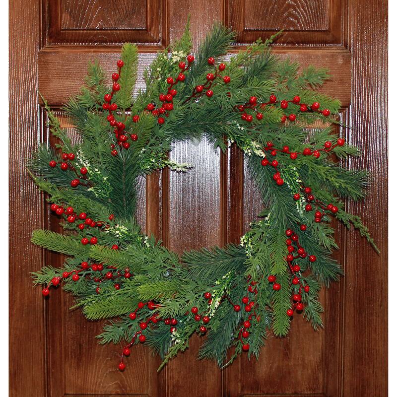23" Artificial Christmas Mixed Evergreen Pine & Red Berry Wreath - 23