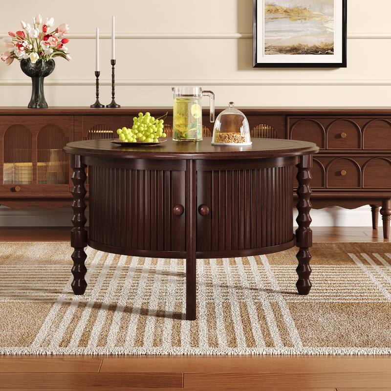 Vintage Round Coffee Table - 30.3" Mid-Century Modern, Sliding Door & Slatted Design