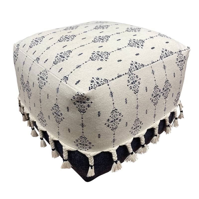 18" Navy and White Ornamental Motif Handcrafted Square Pouf Ottoman