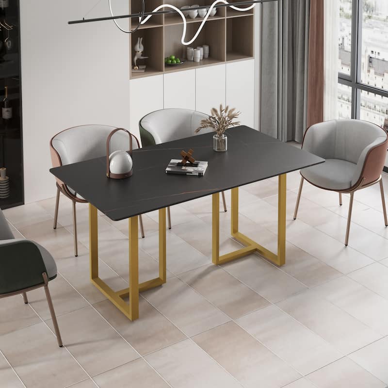 Black Modern 63L x 35W Rectangular Marble Dining Table with Steel Legs - Black&Gold