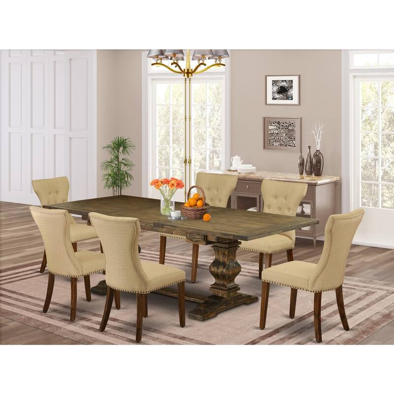 7-Piece Dining Set - Linen Fabric Chairs & Antique Walnut Table - 92