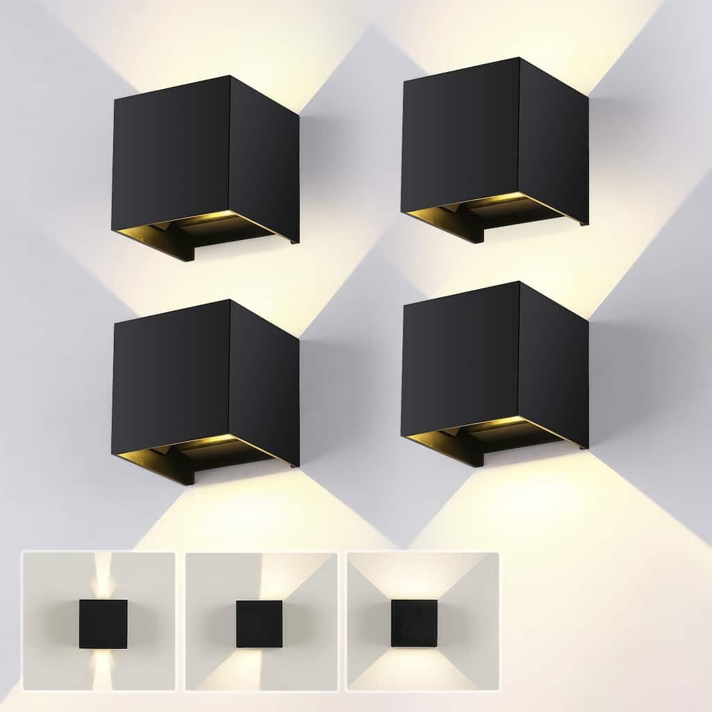 Modern Led Wall Sconces (4-pack), Black Square Up Down Lights, Ip65 Waterproof Aluminum Fixtures For Indoor/outdoor Use