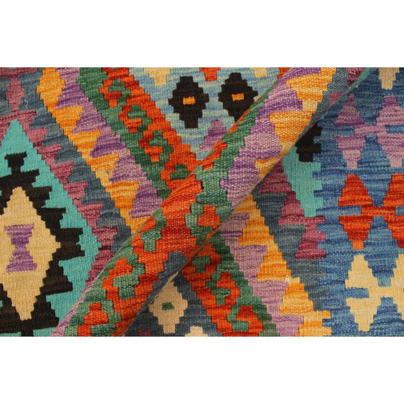 Southwestern Turkish Kilim Flo Rust Blue Hand-Woven Wool Rug - 8'2'' x 9'6''