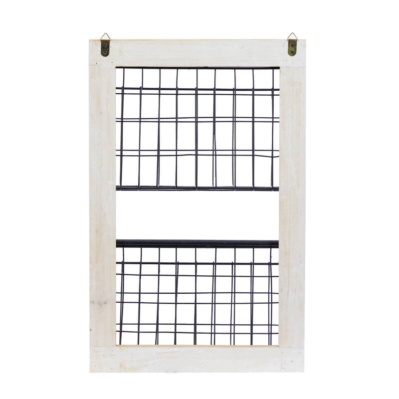 Black Metal 3 or 2 Slot Magazine Rack Holder with Wood Frame and Suspended Wire Baskets
