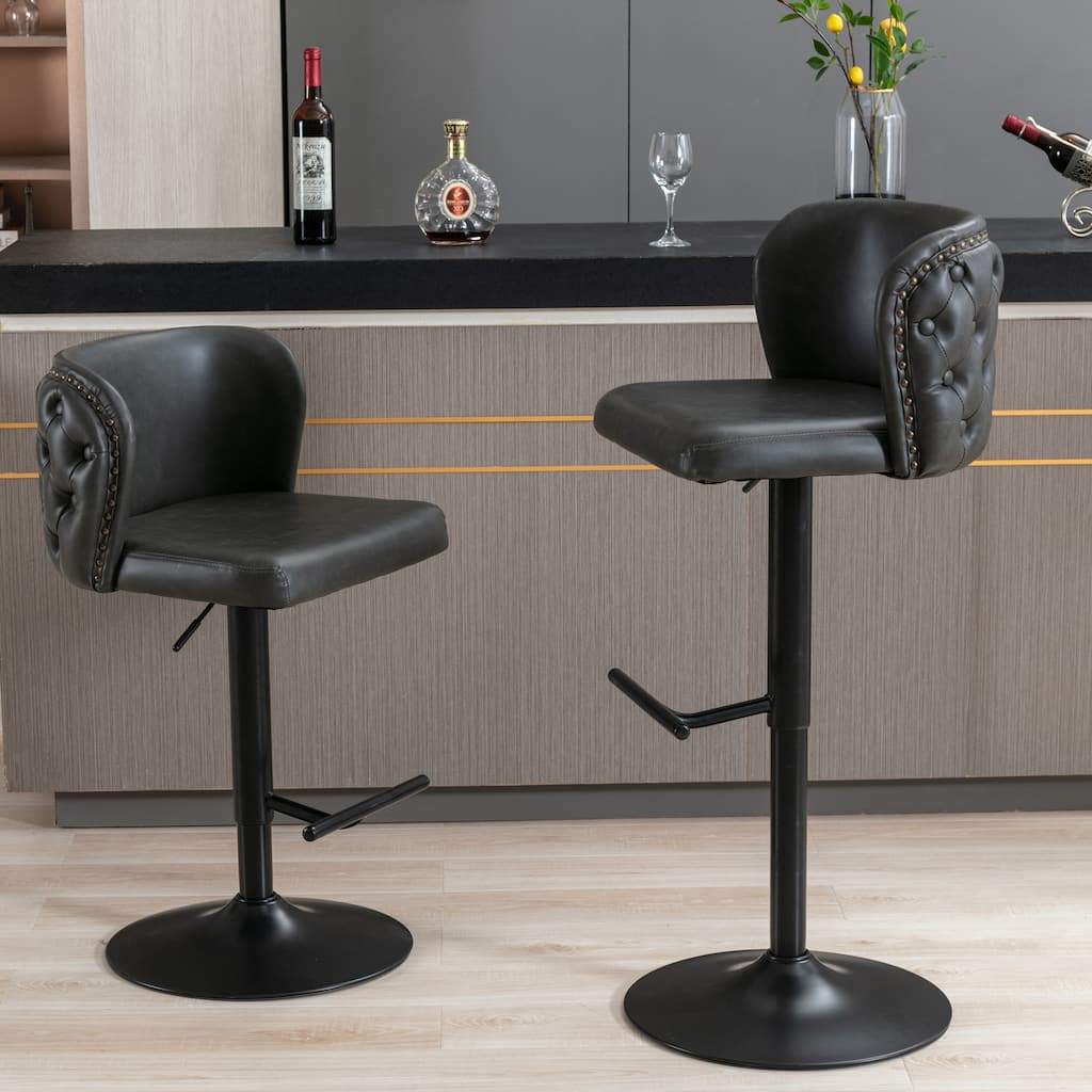 PU Upholstered Bar Stools Set of 2 Ergonomic Barstools with Nailhead Trim and Tufted Back, Adjusatble Height with Largest Base