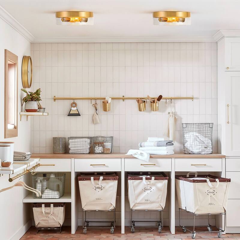 2-Light Gold/Bronze Modern Farmhouse Industrial Dimmable Dome Round Flush Mount Light with Seeded Glass Shade