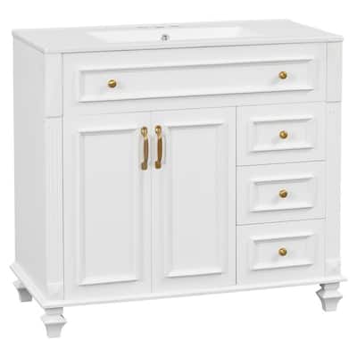 36" White Bathroom Vanity with Sink - Solid Wood & MDF Cabinet Featuring Flip-Out Drawer, 3 Drawers, 2 Soft-Close Doors.