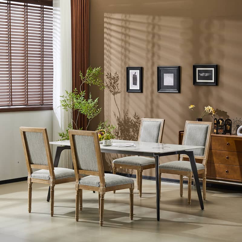 [Set of 4] French Country Dining Chairs - Elegant Cane Backrest & Upholstered Seats with Fluted Legs- Solid Rubberwood Frame - Grayish Green