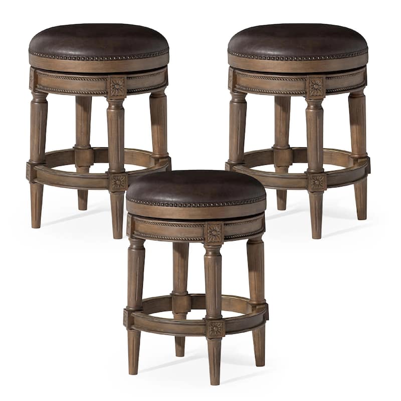Maven Lane Pullman Backless Swivel Kitchen Stool - Set of 3 - Walnut Vegan Leather - Counter Height