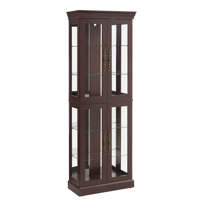 Lighted Curio Display Cabinet, Floor Standing Wooden China Cabinet with Mirrored Back Pane, 4 Glass Doors & Adjustable Shelves