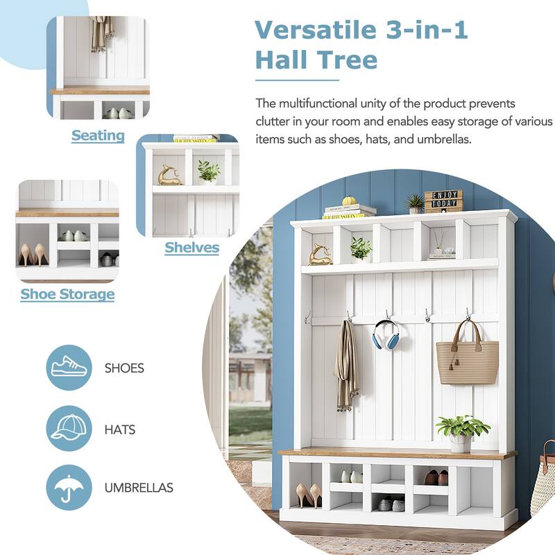 Hall Tree Hallway Storage Bench with Shoe Cubbies and Coat Rack with Hooks