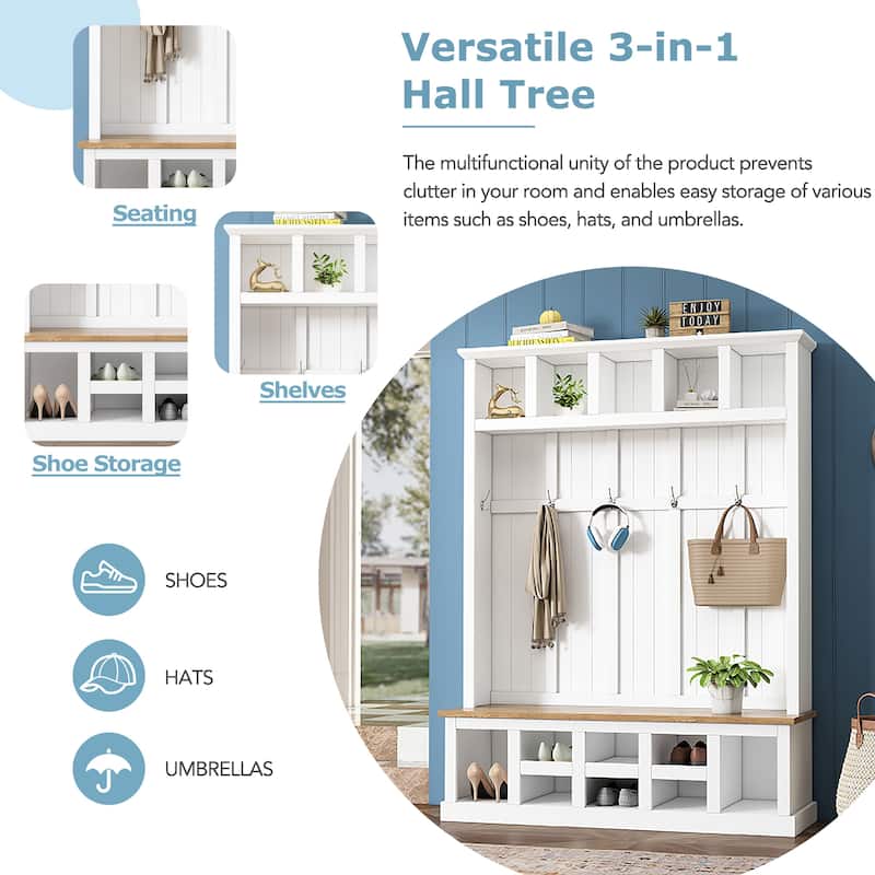 Hall Tree Storage Cabinet with 4 Hidden Hooks, Bench, and Open Compartments