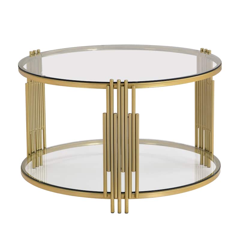 Living Room Table Set of 3, with 1 Coffee Table and 2 End Tables, Round, Tempered Glass, Asymmetrical Metal
