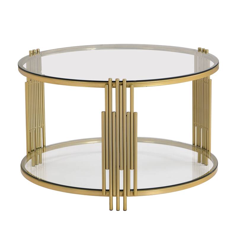 Modern Mirror Coffee Table, Asymmetrical Metal, Circular Metal Drum Base, Gold Finish & Lower Shelf