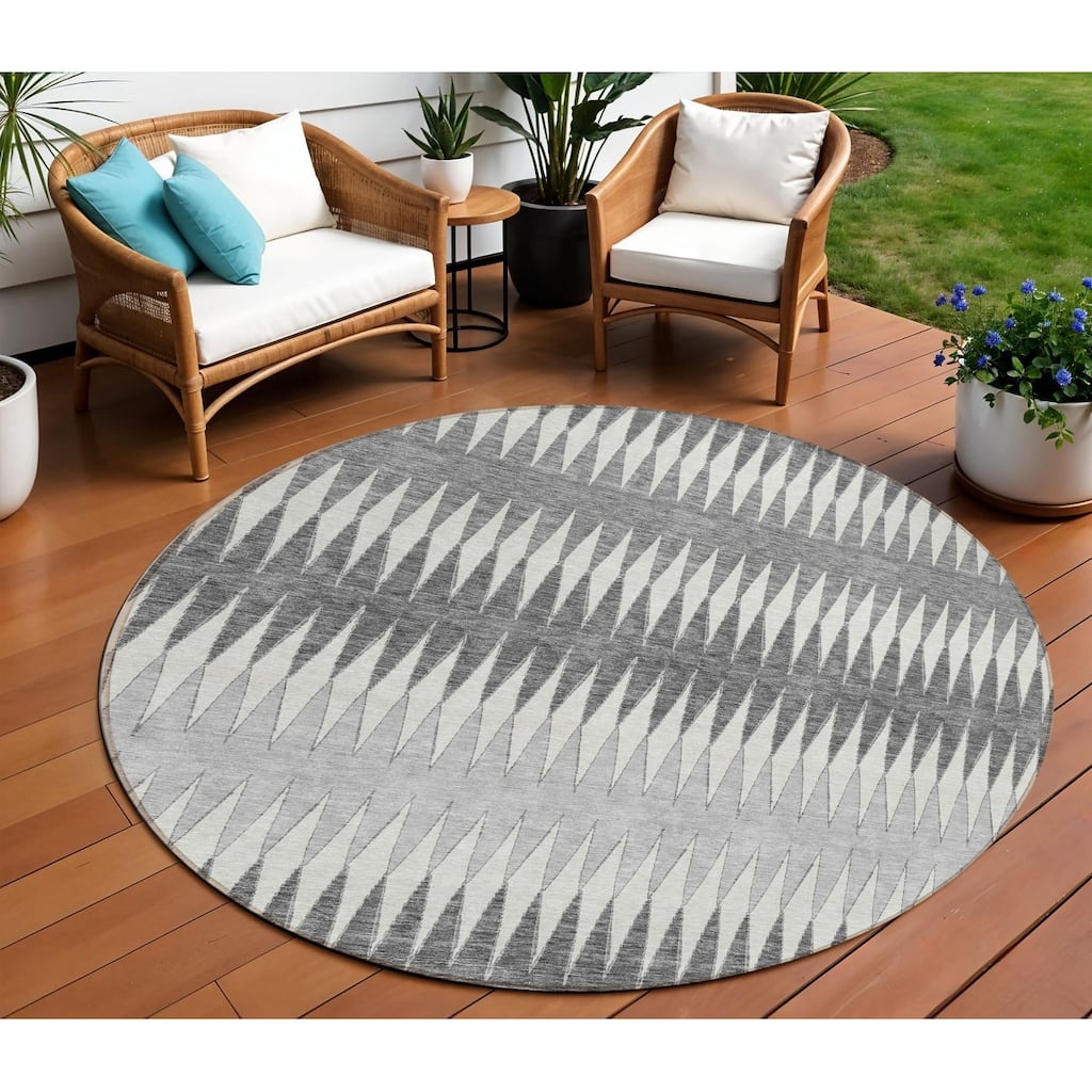 Gray And Ivory Round Striped Washable Indoor Outdoor Area Rug - 8' Round