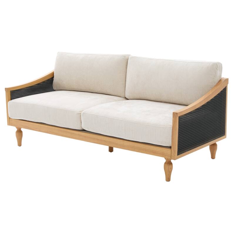 Roomfitters Mid-Century Modern Loveseat Sofa with Rattan Armrests, Solid Wood Frame