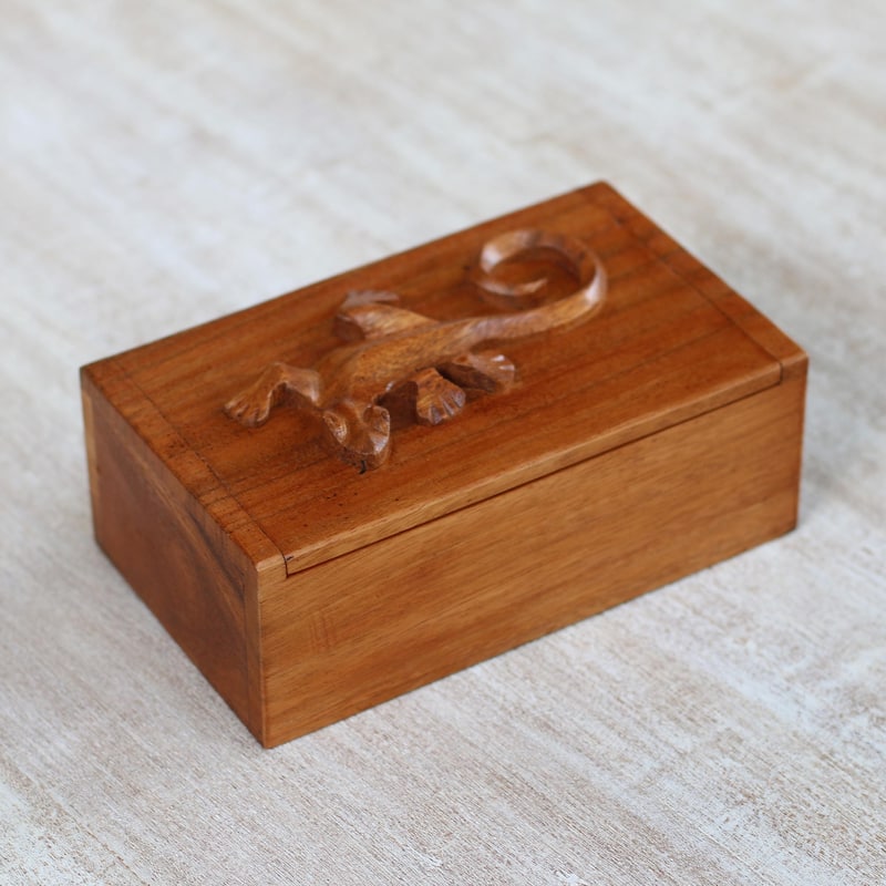 NOVICA Handmade Forest Gecko Decorative Wood Box - 3.3" H x 7.75" W x 4.7" D