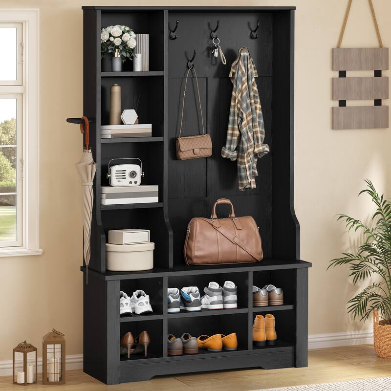 Moasis Farmhouse Hall Tree with Bench and Shoe Storage with 10 Hooks for Entryway - 39 Inch - Black