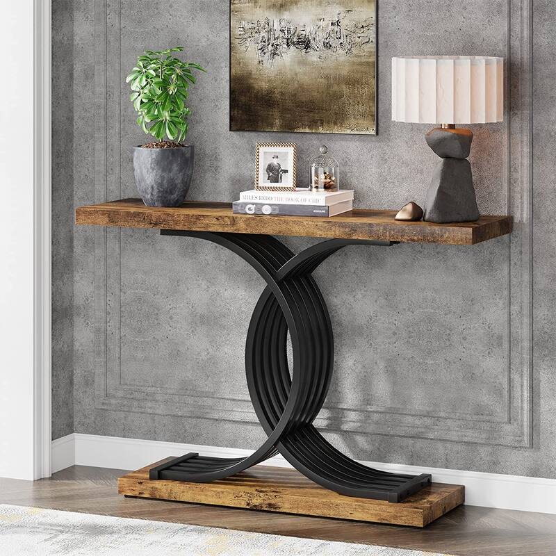 Modern Faux Marble Entryway Console Table with Geometric Gold Legs - 11.81"D x 39.37"W x 31.49"H