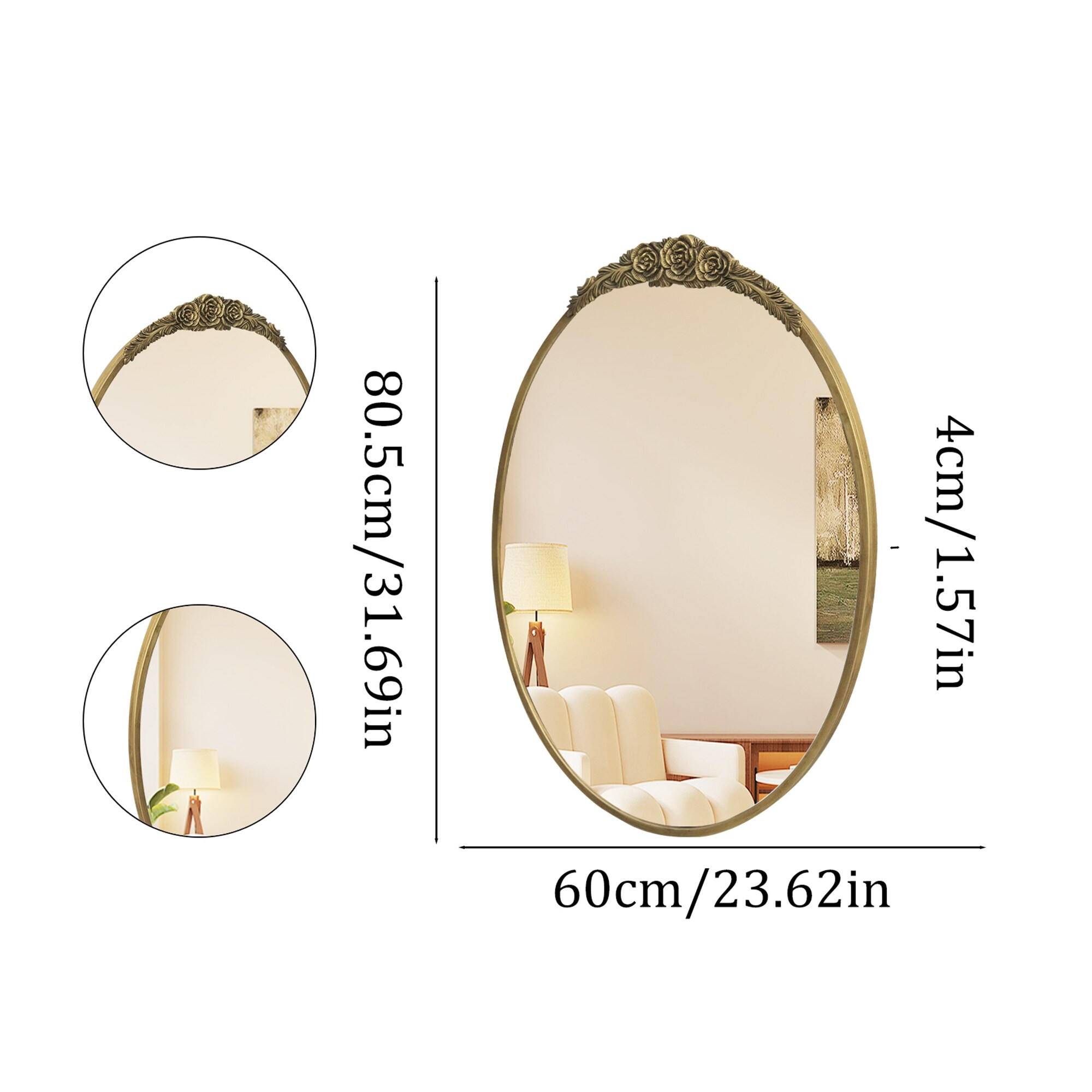 Vintage Oval Mirror Gold Frame Antique Glam Wall Mirror for