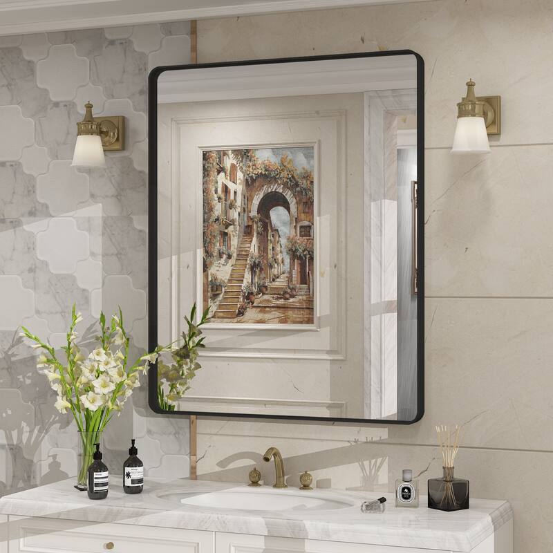 Modern Metal Frame Wall Mounted Bathroom Vanity Mirror - 36x30 - Black