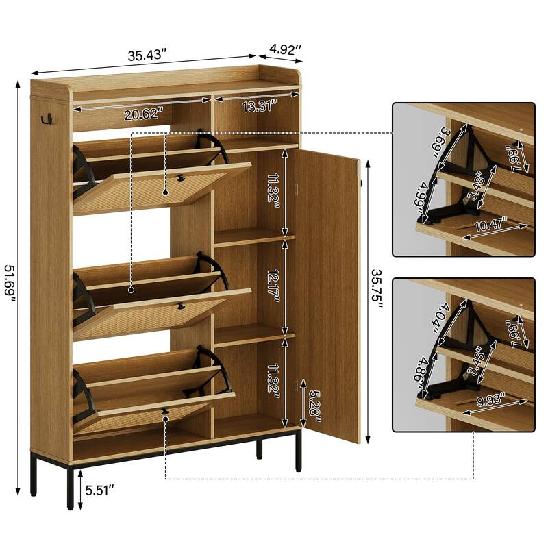 Shoe Cabinet, Natural Rattan Freestanding Shoe Organizer with 3 Flip-out Drawers and 4 Open Shelves Side Cabinet