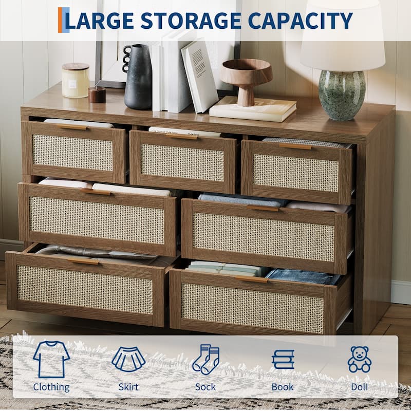 7 Drawers Dresser, 52" Wide Rattan Dresser Modern Chest of Drawers with Metal Handle, Wood Closet Storage Organizer