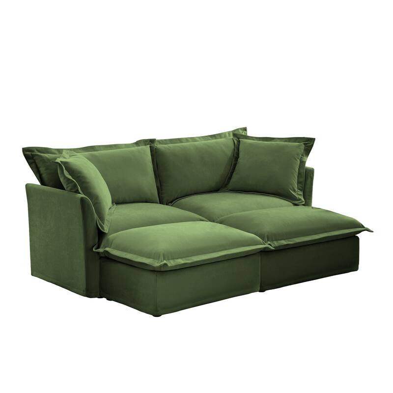 Modern 2 Seater Upholstered Sofa with 2 Ottomans and 2 Pillows - Green,Chenille