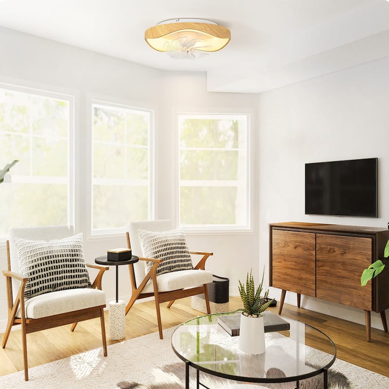 20.5" Modern Farmhouse Wood Ring Flush Mount LED Fandelier with Remote