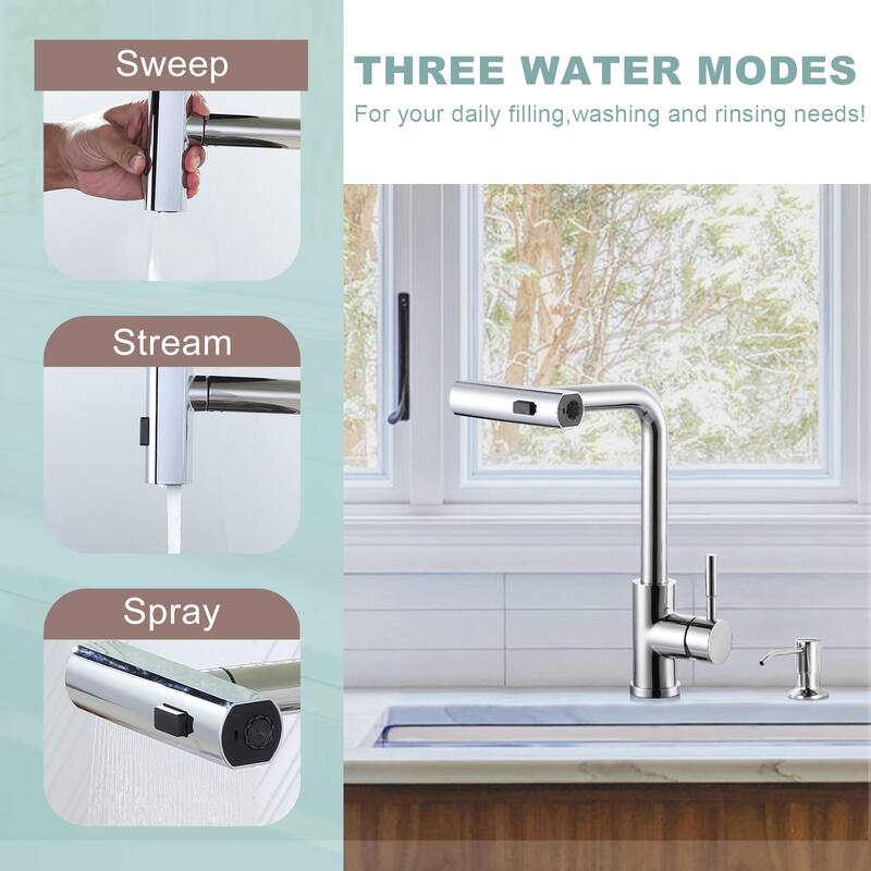 WOWOW Single Handle Waterfall Pull Down Sprayer Kitchen Faucet