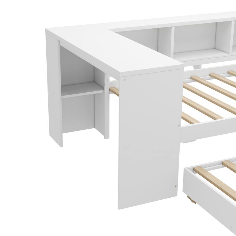 Twin Size Daybed with Trundle, Wood Day Bed Frame with Storage Drawers and Side Shelves, Daybed with Desk, No Spring Box Needed