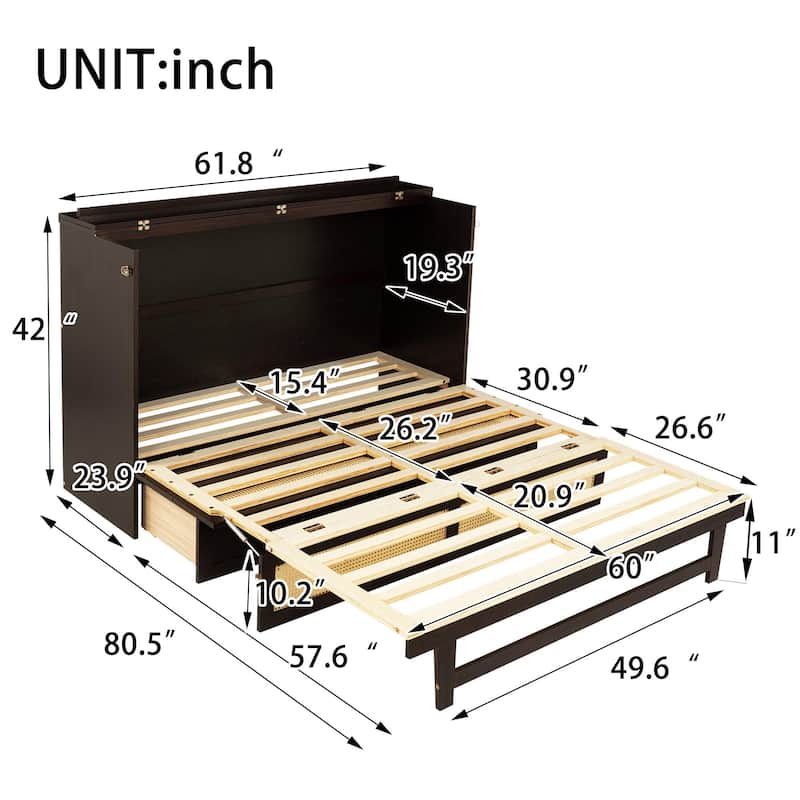 Murphy Bed, Pine Wood Cabinet Bed with Rattan Decoration and Storage Drawer