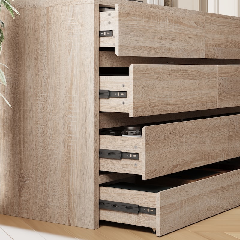 Wood Grain 7-Drawer Dresser with Hidden Compartments and Kick-to-Open Bottom Drawer