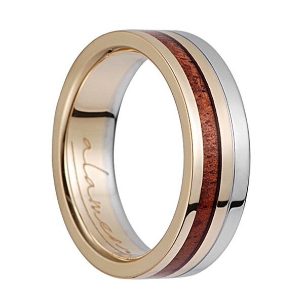 14K Yellow Gold & White Gold Flat Wedding Ring With Koa ... (600 x 600 Pixel)