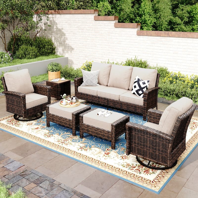 MAISON ARTS 7-Piece Extra-Large Patio Wicker Sofa Conversation Set with Table, Oversize Seat with 5.5'' Thick Padded Cushion - 5 Seats +2 Ottoman + 17'' Table - Beige