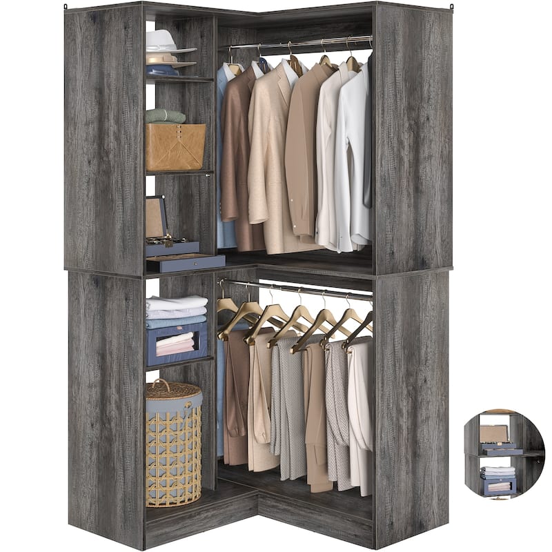 Qvella 72"-108" Closet System with Drawers and Hanging Rods,Freestanding Walk-in Closet Organizer System Wardrobe Closet Tower