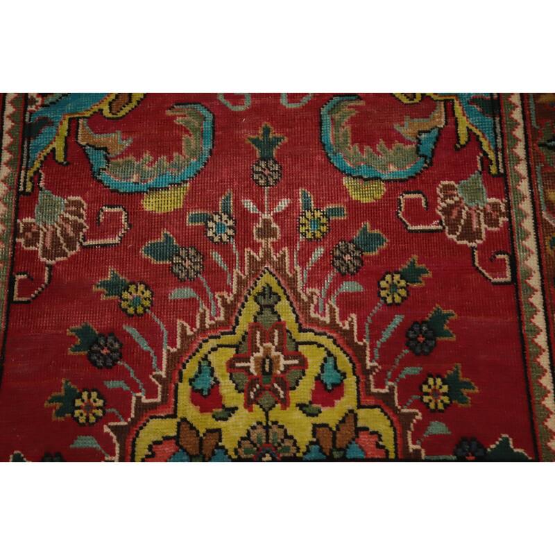 Hand Knotted Oriental 100% Wool Carpet Traditional Floral Red Tabriz Runner Rug - 13' 4'' X 2' 10''