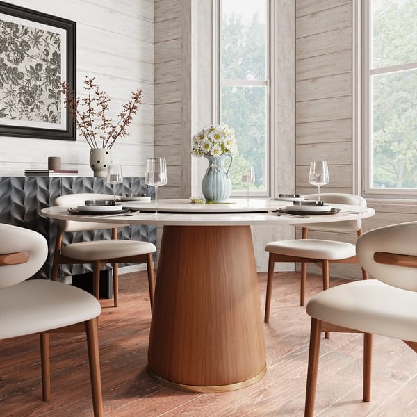 Nature Wood Walnut Stone Round Lazy Susan Dining Table - Bed Bath ...