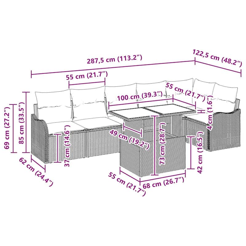 vidaXL 7 Garden Sofa Set with Cushions Black/Brown/Grey Poly Rattan - 113.2 x 48.2 x 27.2