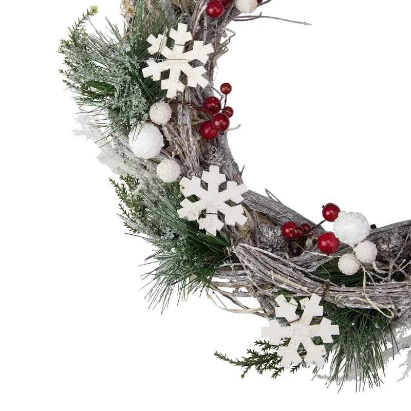 Snowflakes and Berries Winter Foliage Christmas Wreath - 13" - Unlit