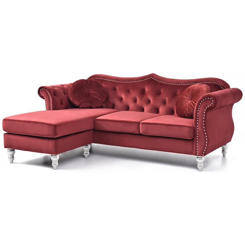 Hollywood 81 in. Velvet Chesterfield Sectional Sofa with 2-Throw Pillow - 81"L x 35"W x 34"H