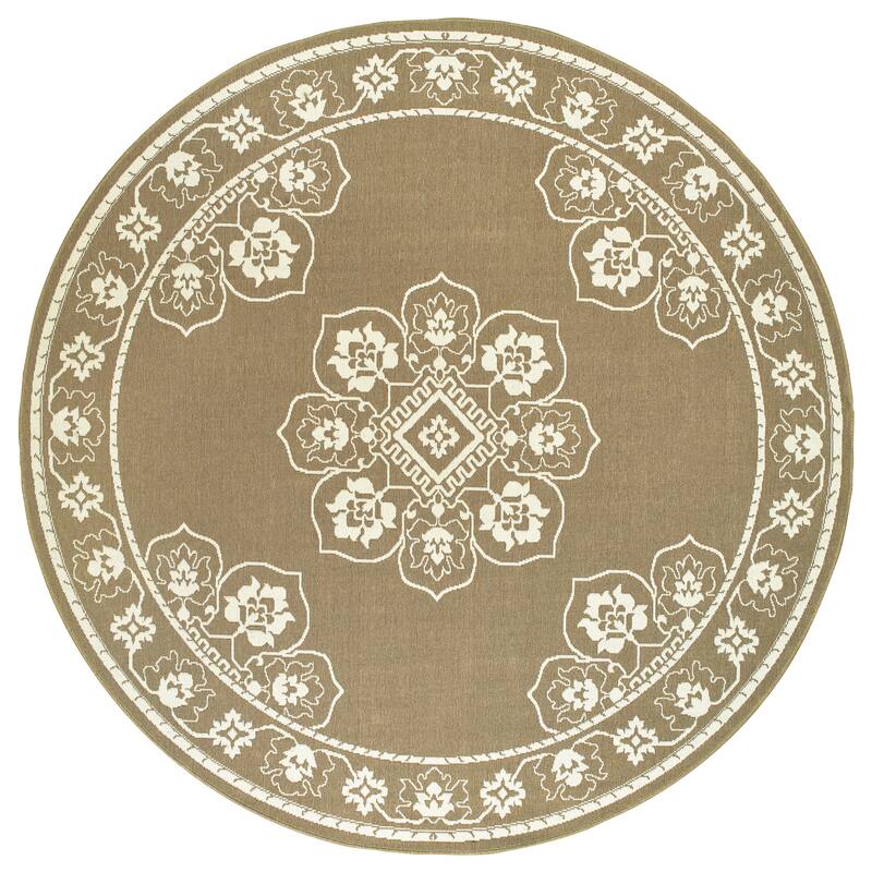 Style Haven Marianna Bordered Medallion Loop Pile Indoor Outdoor Area Rug - 7'10" Round - Tan/Off-White