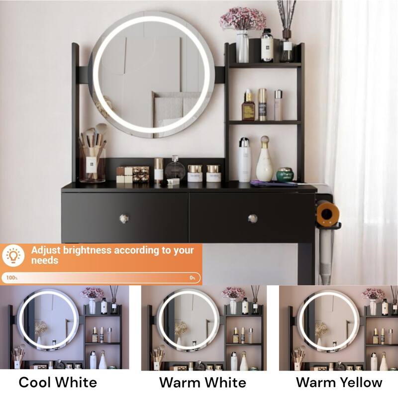 KISRAIS 31.5" Vanity Desk with Mirror, Light, Power Station, and Hair dryer bracket
