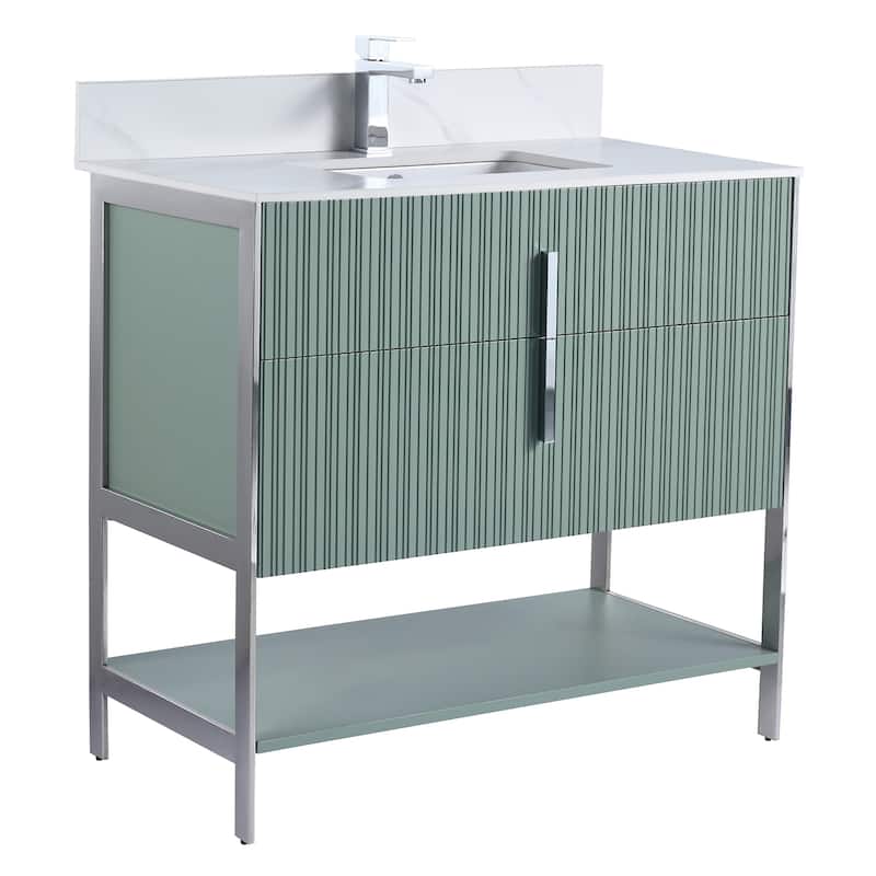 Fine Fixtures Serenity Modern Bathroom Vanity with White Carrara Stone Top - Mint Green - Chrome Hardware - 36 inch